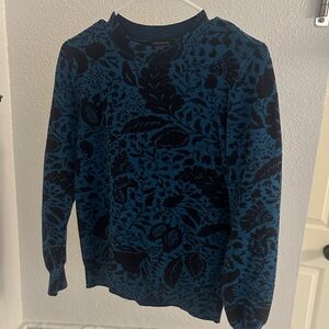 Ann Taylor Blue and Black Flower Patterned Crewneck Sweater